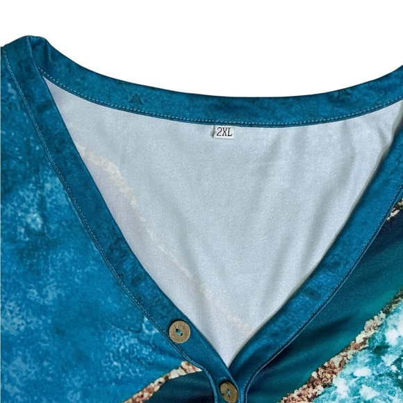 Beach Ocean Blue Top Marbled V Neck Short sleeve Women Turquoise Teal Plus 2XL - Picture 5 of 16